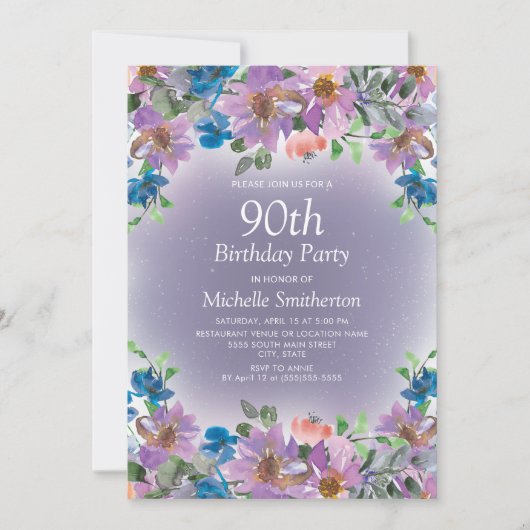 Invitation Purple Blue Floral femmes 90e anniversaire (Devant)