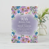 Invitation Purple Blue Floral femmes 90e anniversaire (Debout devant)