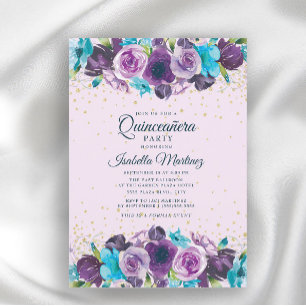 Invitation Purple Blue Floral Gold Glitter Quinceañera
