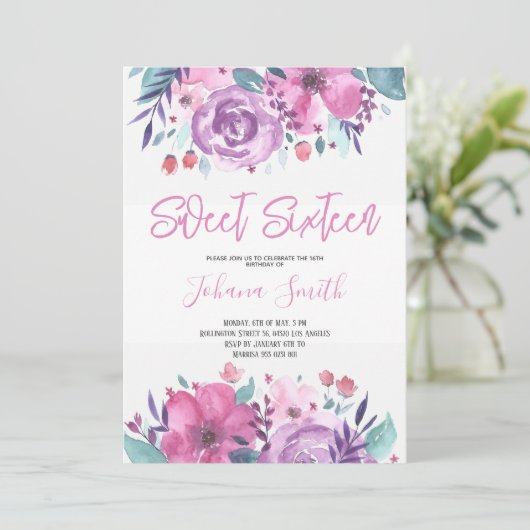 Invitation Purple Blue Floral Seizième anniversaire Invitatio (Debout devant)