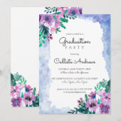 Invitation Purple Blue Floral Watercolor Party (Devant / Derrière)
