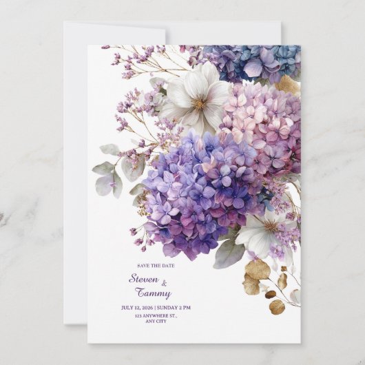 Invitation Purple Blue Hydrangea Gold Floral Watercolor (Devant)