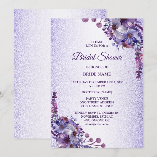 Invitation Purple Blue Pink Floral Glitter Bridal Shower (Devant / Derrière)