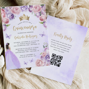 Invitation Purple Blush Floral Or QR Code Quinceañera