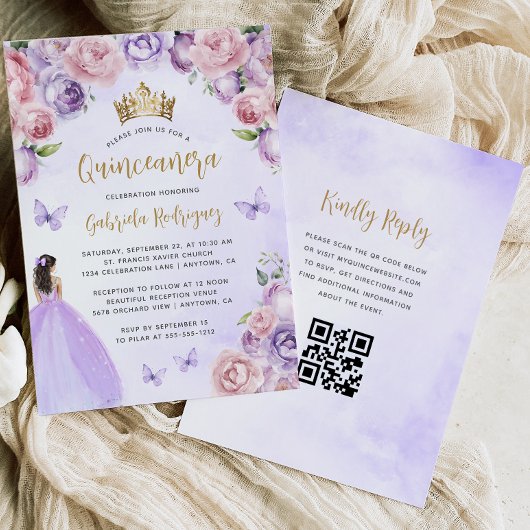 Invitation Purple Blush Floral Or QR Code Quinceañera