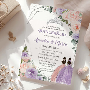 Invitation Purple Blush Floral Rose Twins Argent Quinceañera