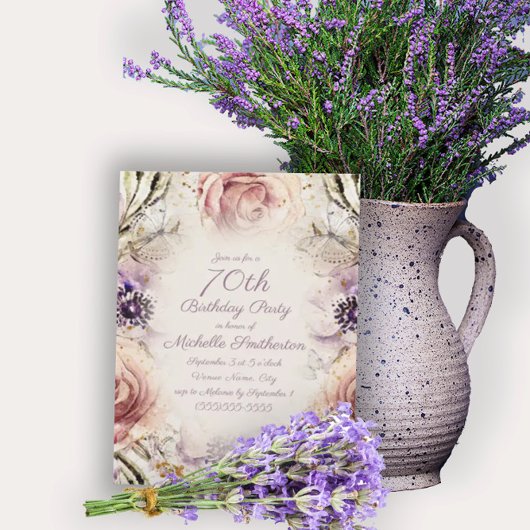 Invitation Purple Blush Pink Butterflies 70e anniversaire