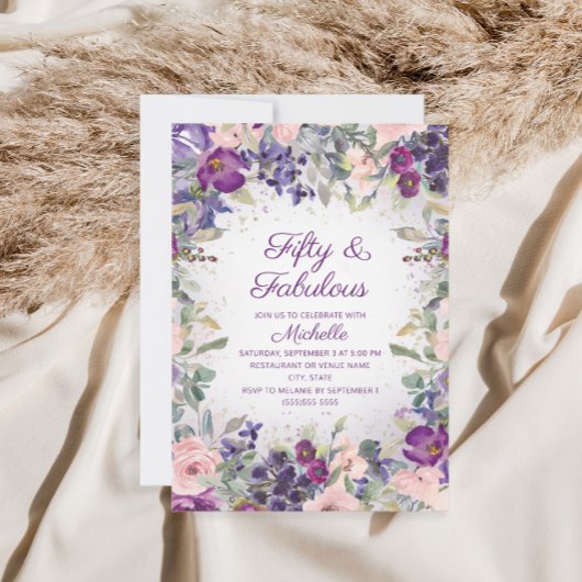 Invitation Purple Blush rose floral 50 et fabuleux