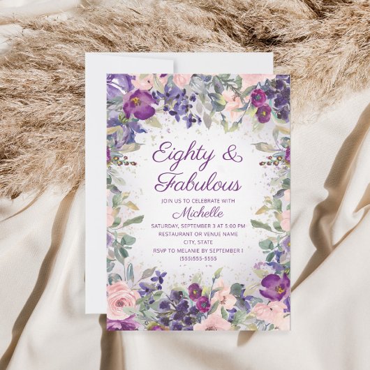 Invitation Purple Blush Rose Floral 80 et Fabuleux anniversai