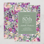 Invitation Purple Blush rose floral Sage vert 80e anniversair (Devant / Derrière)