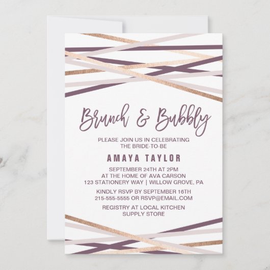 Invitation Purple Blush & Rose Gold Streamers Brunch & Bubbly (Devant)