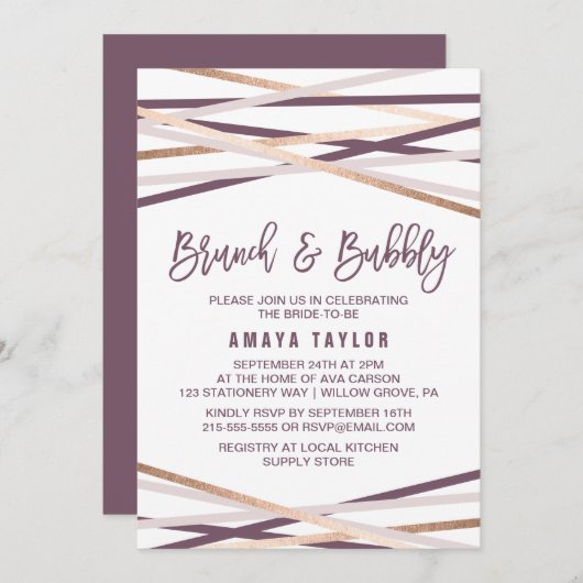 Invitation Purple Blush & Rose Gold Streamers Brunch & Bubbly (Devant / Derrière)