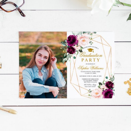 Invitation Purple & Blush Rose Photo Graduation Party