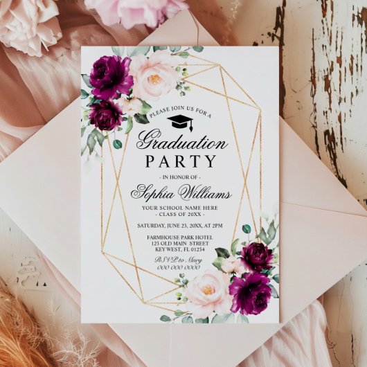 Invitation Purple & Blush rose Rose fête de graduation