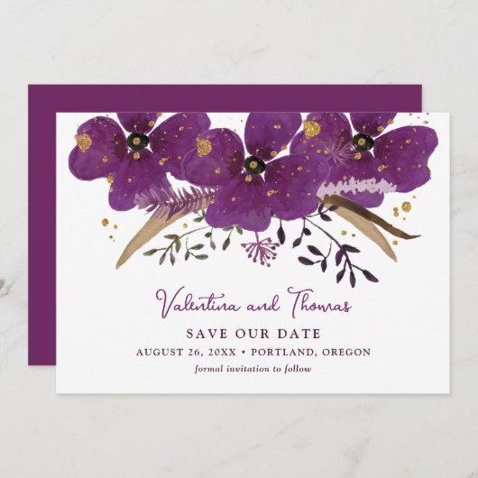 Invitation Purple Boho Aquarelle Fleurs Enregistrer La Date (Devant / Derrière)