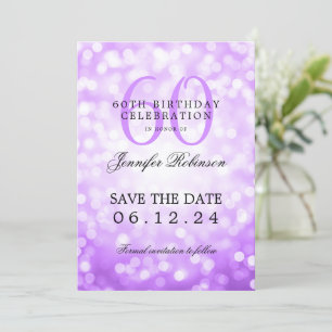 Invitation Purple Bokeh 60th Birthday Save Date / Détails