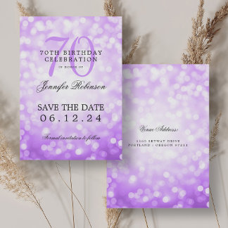 Invitation Purple Bokeh 70th Birthday Enregistrer la date
