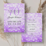 Invitation Purple Bokeh 70th Birthday Save Date Détails<br><div class="desc">Elégant design "70th Birthday Party" avec Purple Bokeh et nom personnalisé   détails texte. Facile à utiliser et facile à personnaliser. Commandez aujourd'hui !</div>