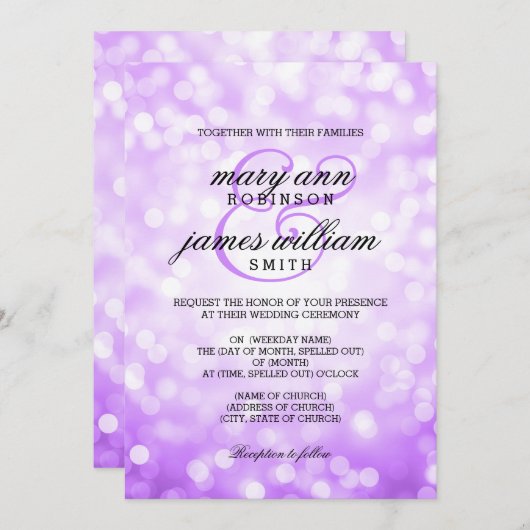 Invitation Purple Bokeh éclaire un mariage élégant (Devant / Derrière)