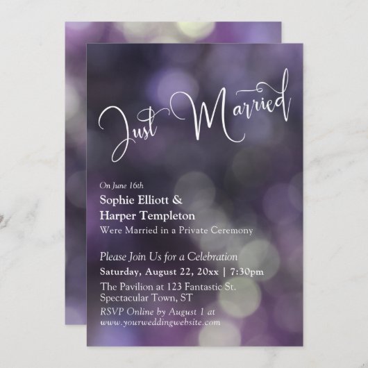 Invitation Purple Bokeh Light & Typographie "Juste Mariée" (Devant / Derrière)