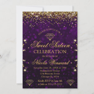 Invitation Purple Bokeh & Paillettes Dorées Sweet 16