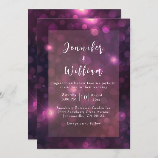 Invitation Purple Bokeh Sparkle Argent String Mariage (Devant / Derrière)