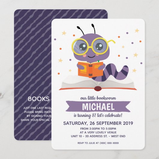 Invitation Purple Bookworm Livre Anniversaire (Devant / Derrière)