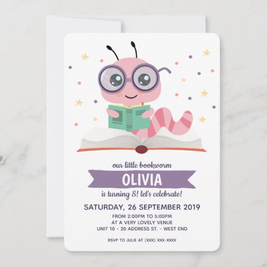 Invitation Purple Bookworm Livre Anniversaire (Devant)