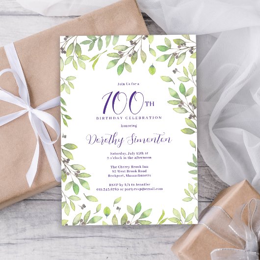 Invitation Purple Botanical 100e fête d'anniversaire