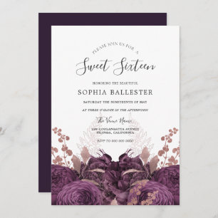 Invitation Purple Bourgogne Floral Élégant Sweet 16 Party