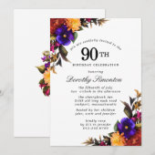 Invitation Purple Bourgogne jaune Floral 90e fête d'anniversa (Devant / Derrière)