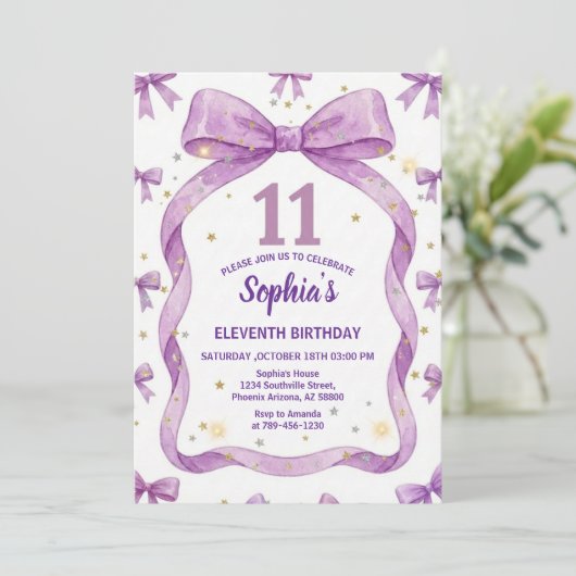Invitation Purple Bow Birthday Invite, Girls 11th Birthday  (Debout devant)
