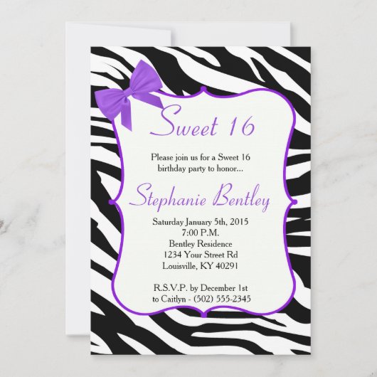 Invitation Purple Bow et Zebra Sweet 16 Anniversaire Invitati (Devant)