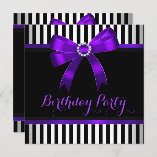 Invitation Purple Bow noir blanc rayé fête d'anniversaire (Devant / Derrière)
