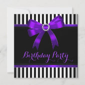 Invitation Purple Bow noir blanc rayé fête d'anniversaire (Devant)
