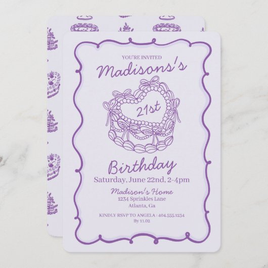 Invitation Purple Bow Retro Coquette gâteau Coquette Coeur 21 (Devant / Derrière)