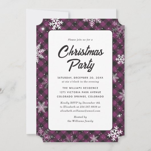 Invitation Purple Buffalo Plaid Snowflake Christmas Party (Devant)