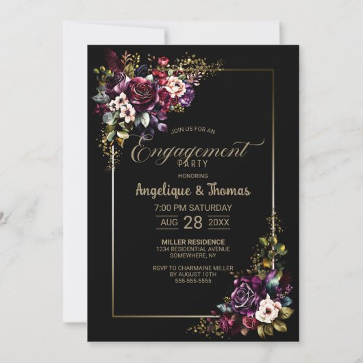 Invitation Purple Burgundy Floral Black Engagement Party (Devant)