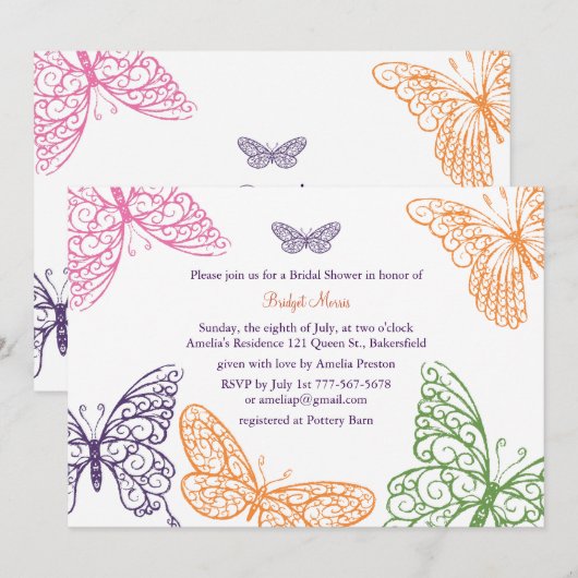 Invitation Purple Butterfly embrasse une averse nuptiale Invi (Devant / Derrière)