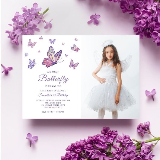 Invitation Purple Butterfly Girl Birthday Photo