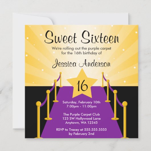 Invitation Purple Carpet Hollywood Sweet 16 Anniversaire (Devant)