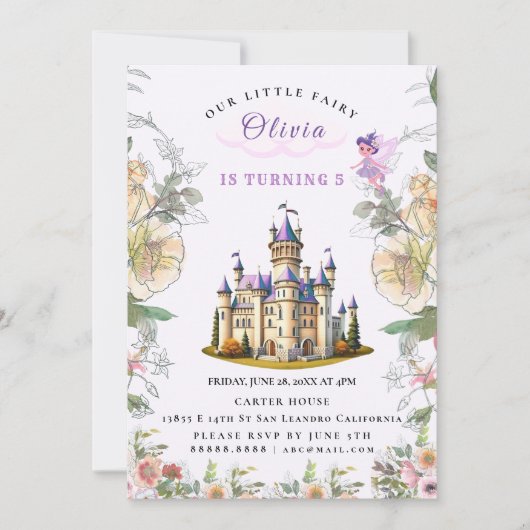 Invitation Purple Castle Fairytale Anniversaire Thème avec Fa (Devant)