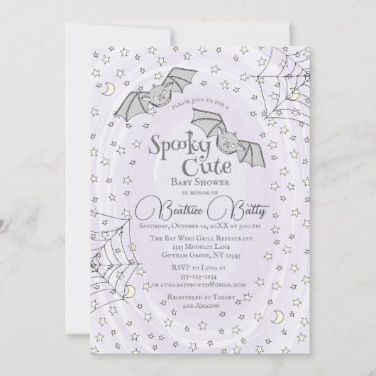 Invitation Purple chauves-souris Éffrayant Baby shower mignon (Devant)