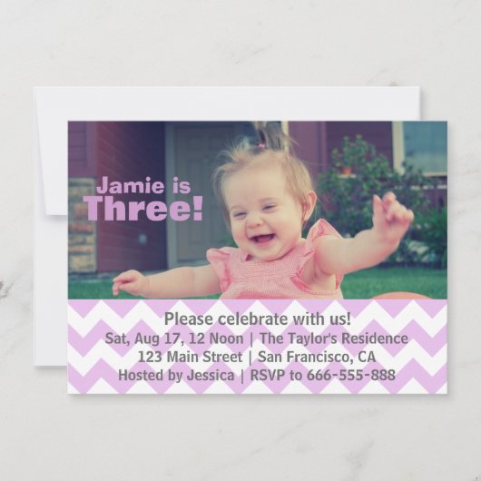 Invitation Purple Chevron Fille Anniversaire, Troisième Anniv (Devant)