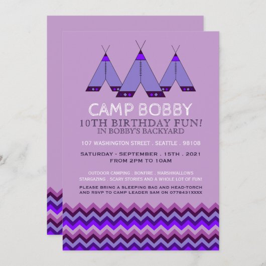 Invitation Purple Chevron Tipi, Camping Anniversaire (Devant / Derrière)