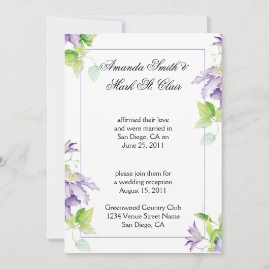 Invitation Purple Clematis Post Mariage Réception Invit (Devant)