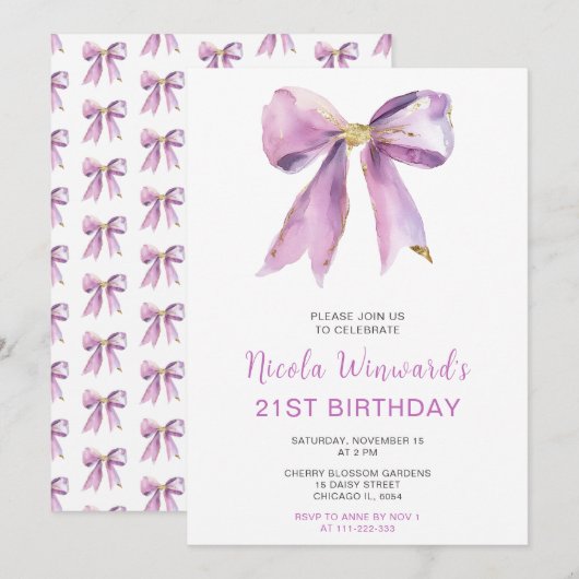 Invitation Purple Coquette Bow fête d'anniversaire (Devant / Derrière)