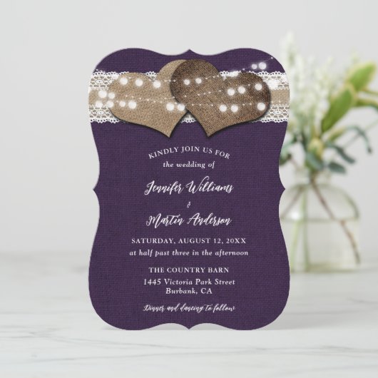 Invitation Purple Country Burlap Lace String Mariage (Debout devant)