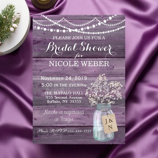 Invitation Purple Country Mason Jar Barn Fête des mariées Inv