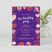 Invitation Purple Cute Pink Hearts 71e anniversaire invitatio (Debout devant)